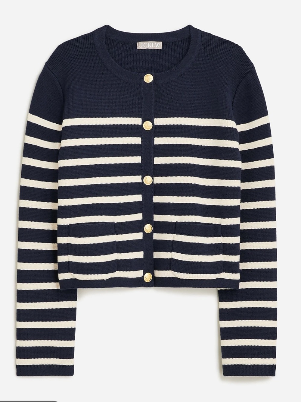 J. CREW WOMENS EMILIE CARDIGAN SWEATER LADY JACKET NAVY BLUE STRIPES LARGE BX482
